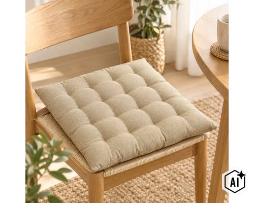 Coussin d'assise carré matelassé posé sur une chaise en bois dans un intérieur lumineux et naturel (Image AI modified or generated)