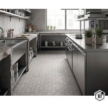 Moderne Industrieküche mit Edelstahlzeile und Steinwaschbecken sowie geometrisch gemusterten Bodenfliesen. (Image AI modified or generated)