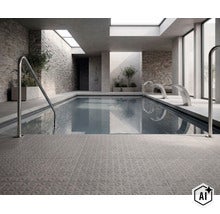 Moderne Poolanlage mit Natursteinwänden, bodentiefen Fenstern, strukturierten Fliesen im Vordergrund und integrierten Edelstahl-Handläufen. (Image AI modified or generated)