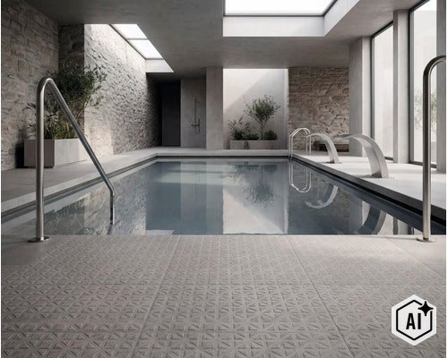 Moderne Poolanlage mit Natursteinwänden, bodentiefen Fenstern, strukturierten Fliesen im Vordergrund und integrierten Edelstahl-Handläufen. (Image AI modified or generated)