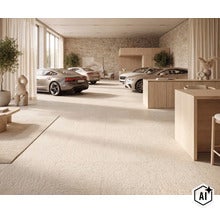 Geräumiger Showroom mit großformatigen Natursteinfliesen, einer Bruchsteinwand und hochwertigen Holzmöbeln in einem hellen, modernen Ambiente. (Image AI modified or generated)
