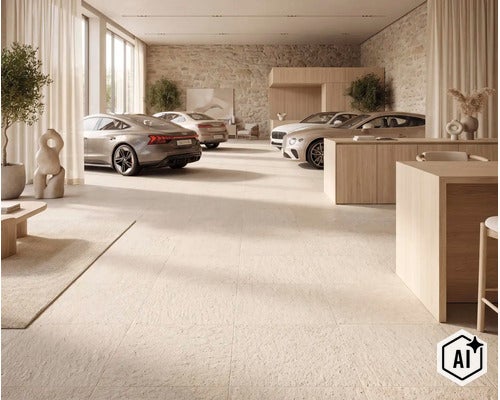 Geräumiger Showroom mit großformatigen Natursteinfliesen, einer Bruchsteinwand und hochwertigen Holzmöbeln in einem hellen, modernen Ambiente. (Image AI modified or generated)