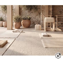 Terrasse mit Natursteinoptik Fliesen, Pflanzen in Tontöpfen und Sportgeräten in einer hellen, meditativen Umgebung. (Image AI modified or generated)