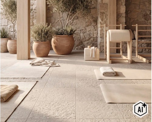 Terrasse mit Natursteinoptik Fliesen, Pflanzen in Tontöpfen und Sportgeräten in einer hellen, meditativen Umgebung. (Image AI modified or generated)