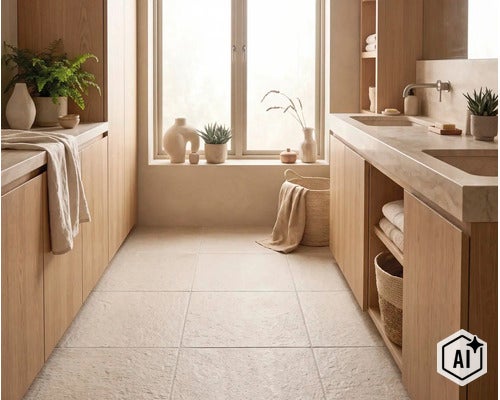 Modernes Badezimmer mit hellen Fliesen, hölzernen Badezimmermöbeln, Doppelwaschbecken und großen Fenstern für eine helle und natürliche Atmosphäre. (Image AI modified or generated)