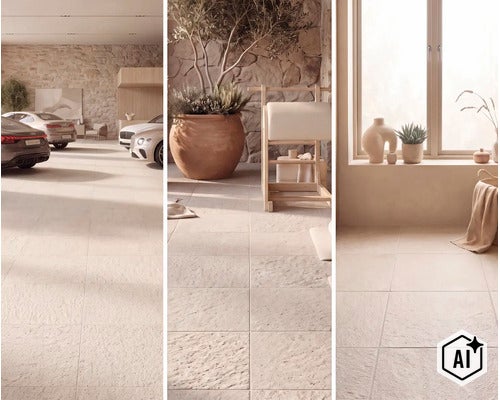 Drei Ansichten von Bodenfliesen mit Steinoptik in verschiedenen Innenbereichen wie einer Garage, einem Patio und einem Wohnraum. (Image AI modified or generated)