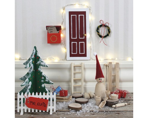 Décoration miniature de Noël avec arbre, porte, échelle et elfe