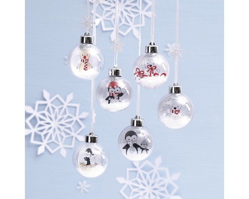 Dekorative Weihnachtskugeln mit Tiermotiven und Schneefüllung