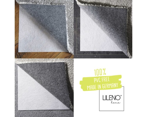 Plusieurs sous-tapis sur différents supports, ainsi que la mention sans PVC et lieu de fabrication Allemagne et le logo LILENO Home