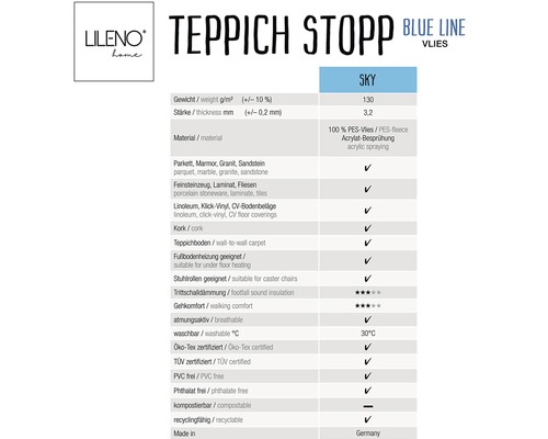 Fiche technique Teppichstopp Blue Line Vlies Sky avec propriétés et labels
