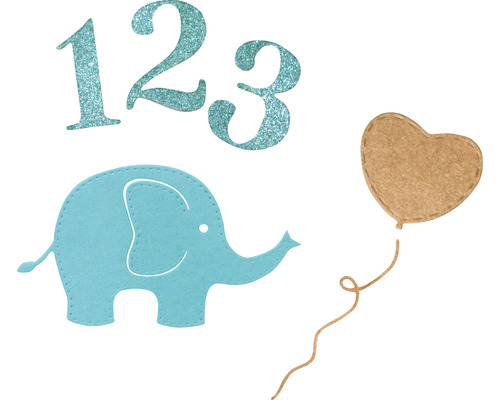 Dekorative Elemente: Glitzerzahlen Eins, Zwei, Drei, Elefant und Herzluftballon