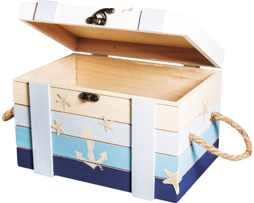 Coffre décoratif en bois avec motifs marins et poignées en corde