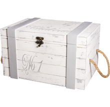 Coffre décoratif en bois avec inscription et poignées en corde