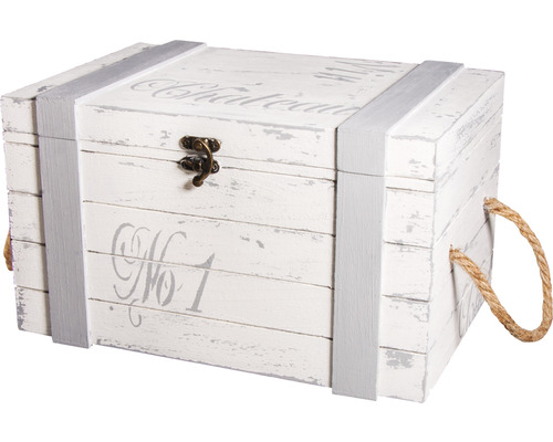 Coffre décoratif en bois avec inscription et poignées en corde