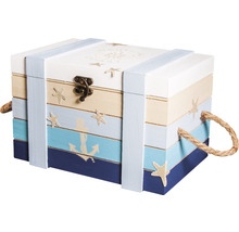 Coffre décoratif en bois avec motif nautique et poignées en corde