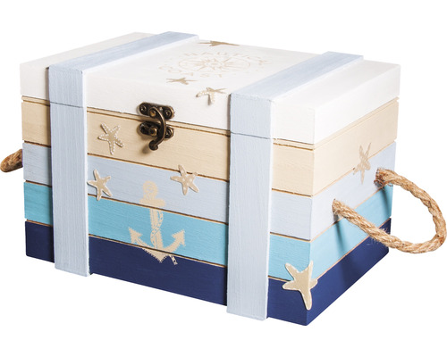 Coffre décoratif en bois avec motif nautique et poignées en corde
