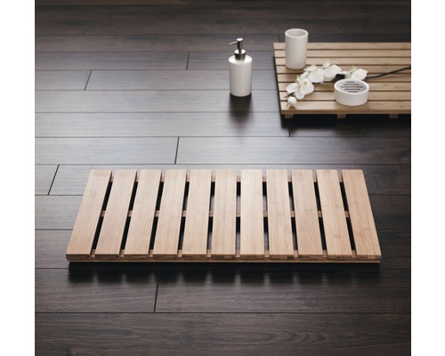 Salle de bains avec tapis de bain et accessoires de bain sur parquet