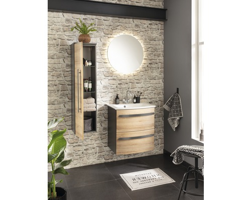 Salle de bains avec meuble sous-lavabo, armoire de toilette et miroir rond avec éclairage