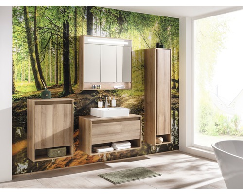 Badezimmer mit Waschbecken, Spiegelschrank und Holzoptik