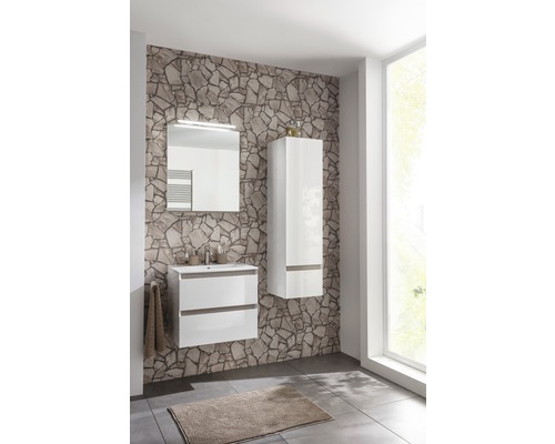 Salle de bains avec meuble sous-lavabo, armoire de toilette et armoire haute devant un mur en pierre