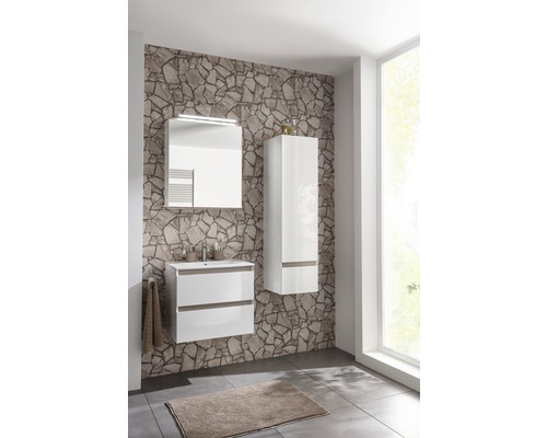 Salle de bain avec lavabo, miroir et armoire haute devant un mur de pierre