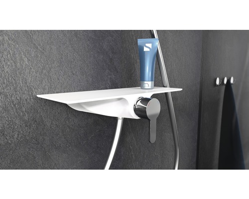 Robinet de douche avec espace de rangement et gel douche dans une salle de bain