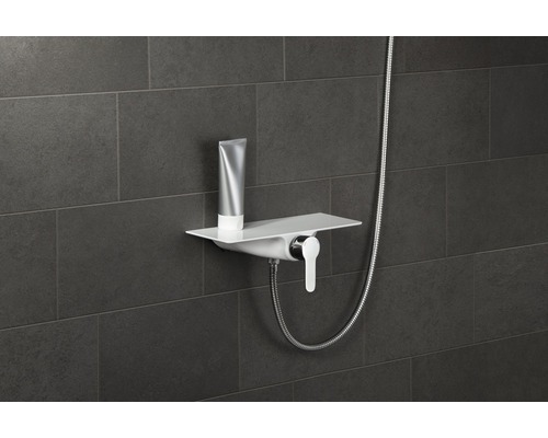 Robinet de douche avec étagère et gel douche sur mur gris