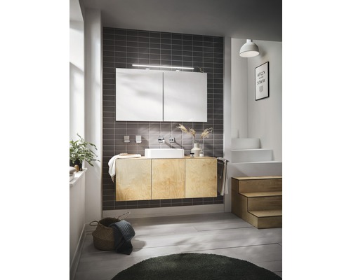 Helles Badezimmer mit Waschtisch, Spiegelschrank, Waschbecken und Dekoration