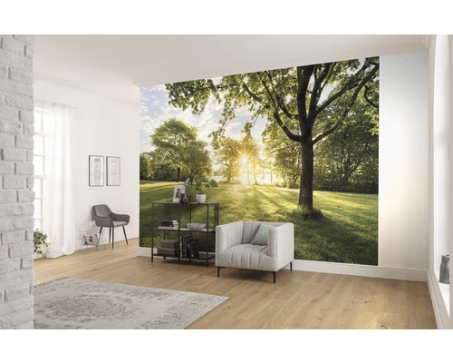 Helles Wohnzimmer mit einer Fototapete, die einen sommerlichen Park zeigt