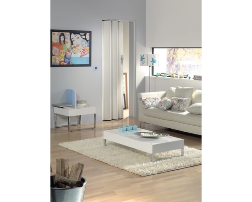 Wohnzimmer mit Falttür, Sofa, Tisch und Dekoration