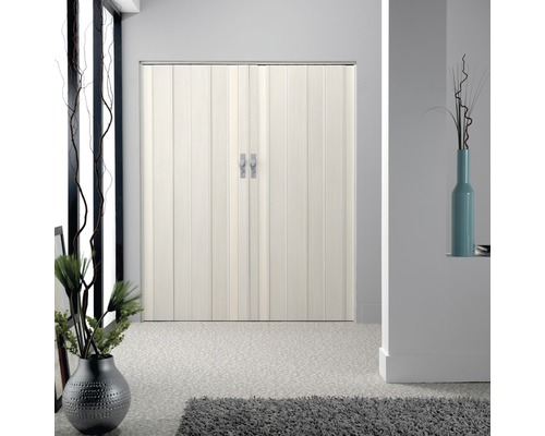 Zwei Flügeltüren mit vertikalen Paneelen und Griffen in einem Raum.