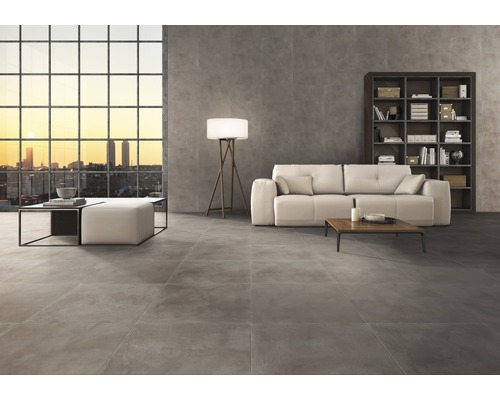 Salon moderne avec carrelage gris, canapé, étagère et fenêtre