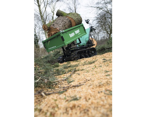 Raupendumper mit Baumstamm im Garten
