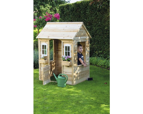 Cabane de jeux en bois avec fenêtres et jardinières dans le jardin