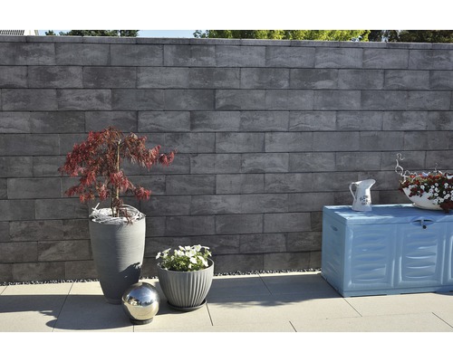 Pierre de construction Vario-Line 1/1 gris-anthracite-chiné 40 cm x 20 cm x 16,7 cm Pierres de mur grises empilées avec décoration et plantes