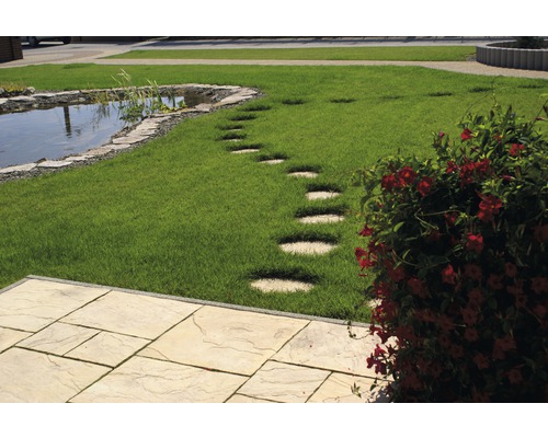 Gartenszene mit Teich, Rasen, Trittplatten und Terrasse