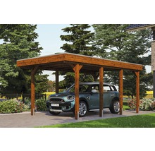 Carport simple SKAN HOLZ Friesland avec film d'étanchéité pour toiture en EPDM et ancrage pour poteaux H 314 x 555 cm noyer