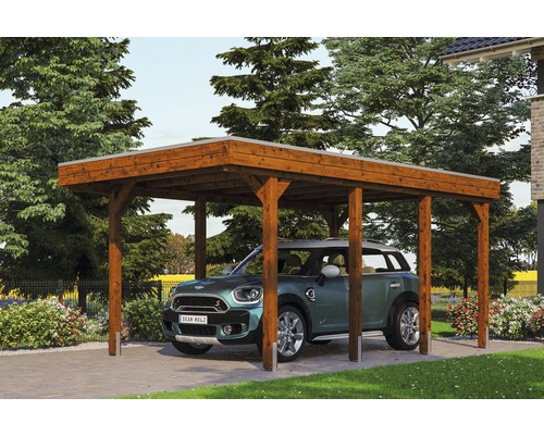 Carport simple SKAN HOLZ Friesland avec panneaux de toiture en aluminium et ancrage pour poteaux H 314 x 555 cm noyer