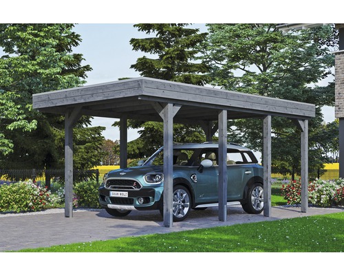 Carport simple SKAN HOLZ Friesland avec panneaux de toiture en aluminium et ancrage pour poteaux H 314 x 555 cm gris