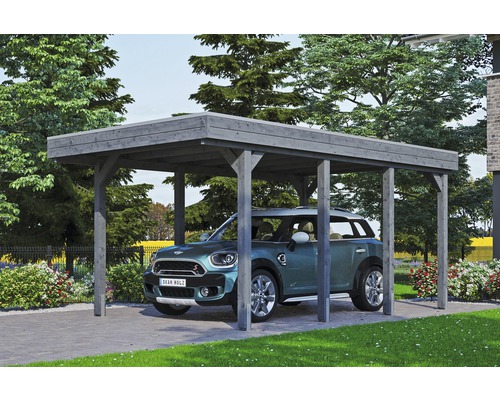 Carport simple SKAN HOLZ Friesland avec film d'étanchéité pour toiture en EPDM et ancrage pour poteaux H 314 x 555 cm gris