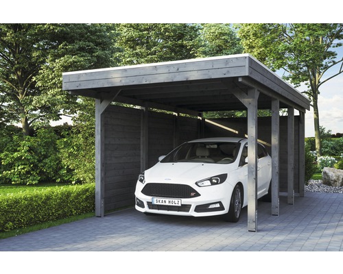 Carport simple SKAN HOLZ Friesland kit 1 avec panneaux de toiture en aluminium et ancrage pour poteaux H 314 x 555 cm gris
