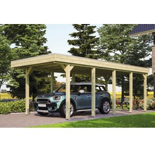 Carport simple SKAN HOLZ Friesland avec film d'étanchéité pour toiture en EPDM et ancrage pour poteaux H 314 x 708 cm imprégné