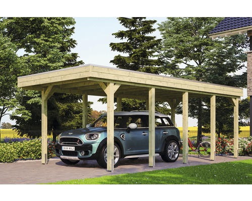 Carport simple SKAN HOLZ Friesland avec film d'étanchéité pour toiture en EPDM et ancrage pour poteaux H 314 x 708 cm imprégné