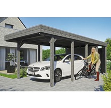 Carport en bois avec voiture et vélo