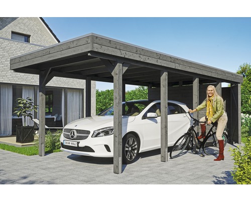 Carport simple SKAN HOLZ Friesland Kit 2 avec panneaux de toiture en aluminium, espace outils, ancrage pour poteaux H 314 x 708 cm gris