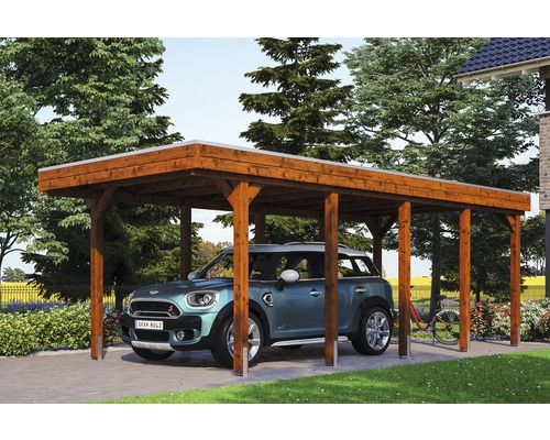 Carport simple SKAN HOLZ Friesland avec panneaux de toiture en aluminium et ancrage pour poteaux H 314 x 708 cm noyer