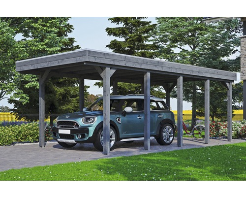 Carport simple SKAN HOLZ Friesland avec panneaux de toiture en aluminium et ancrage pour poteaux H 314 x 708 cm gris