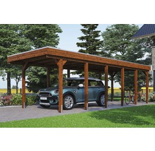 Carport simple SKAN HOLZ Friesland avec panneaux de toiture en aluminium et ancrage pour poteaux H 314 x 860 cm noyer