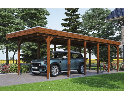 Carport simple SKAN HOLZ Friesland avec panneaux de toiture en aluminium et ancrage pour poteaux H 314 x 860 cm noyer