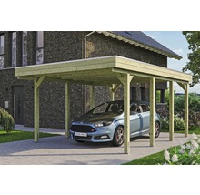 Carport simple SKAN HOLZ Friesland avec film d'étanchéité pour toiture en EPDM et ancrage pour poteaux H 397 x 555 cm imprégné